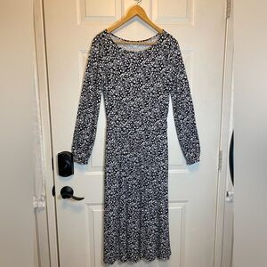Boden Black & White Floral Women's Long Sleeve Pullover Knit Dress Sz 8 Pockets